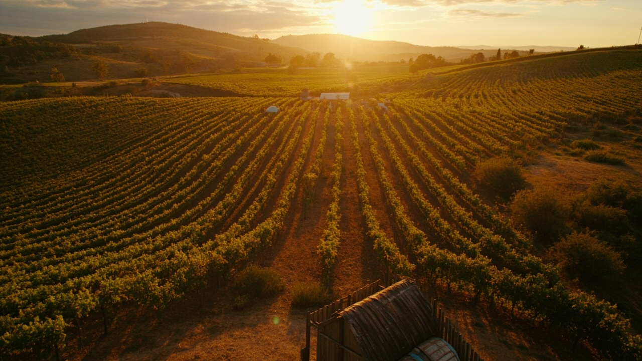 Australian wine region landscape with vineyard rows and rustic cellar door